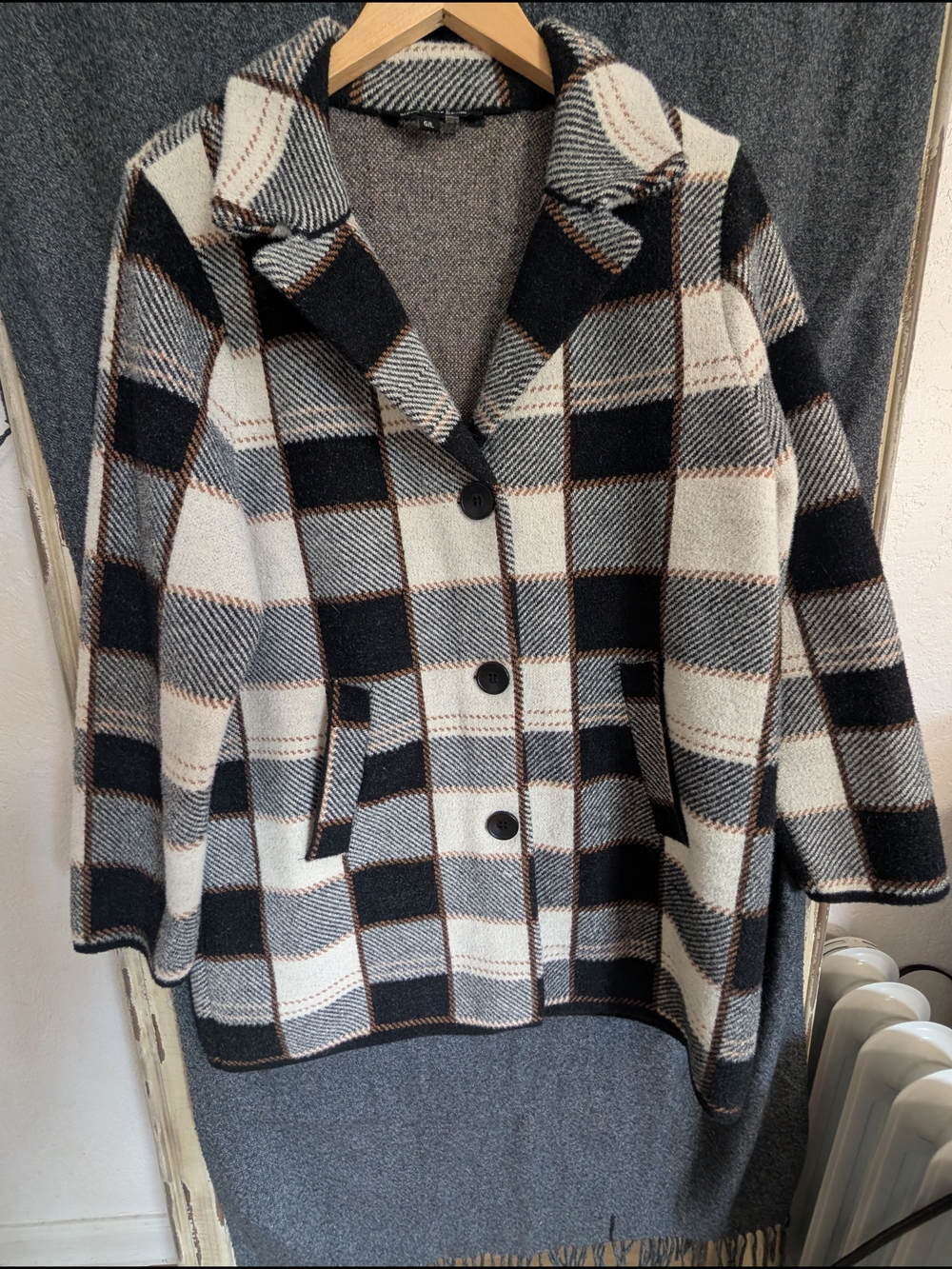 Charlie B Black, White, Brown & Gray Plaid Button-Up Pea Coat